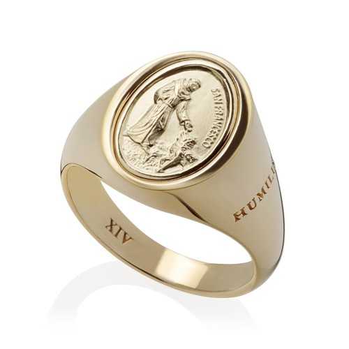 Gold chevalier ring St. Francis and the wolf