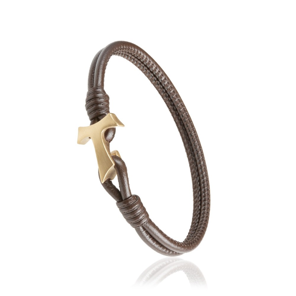 Bracciale Segno Tau francescano in pelle marrone e argento Bracciale Segno Tau francescano in pelle marrone e argento