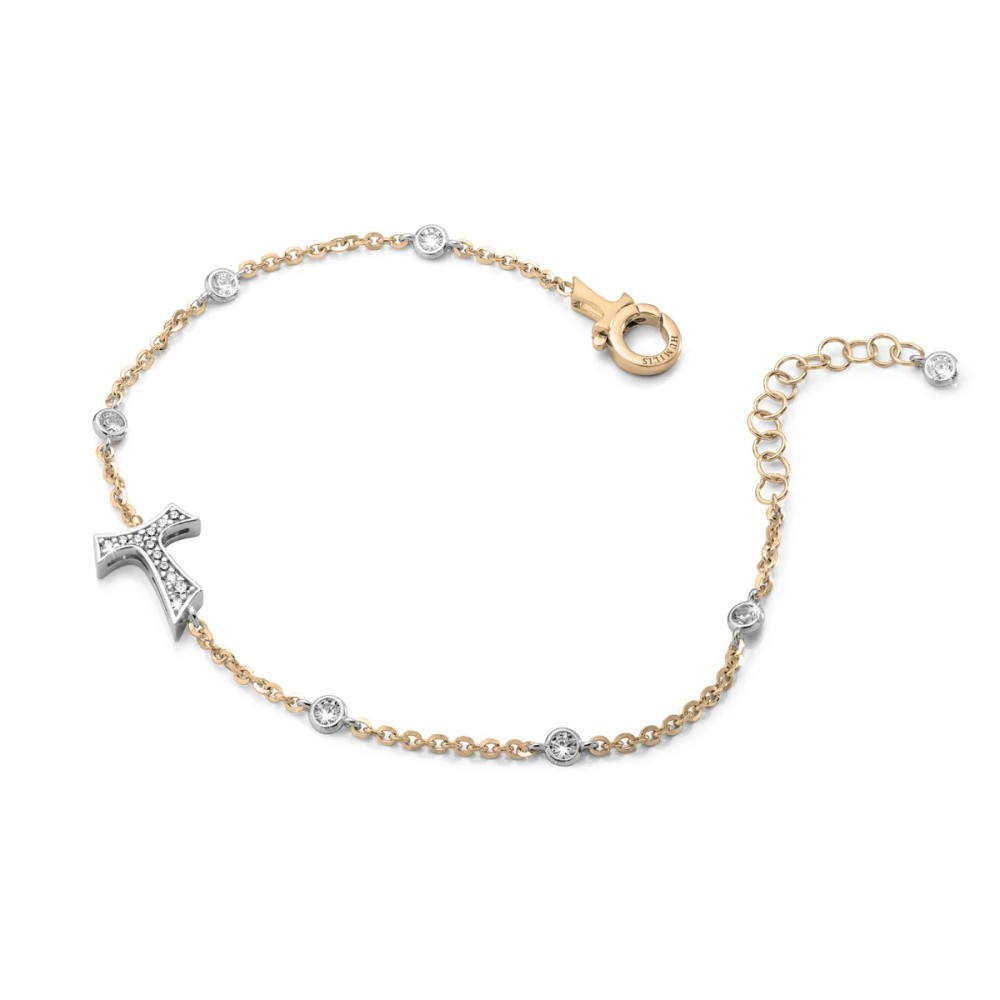 Gold Sign bracelet with Franciscan Tau cross and zirconia