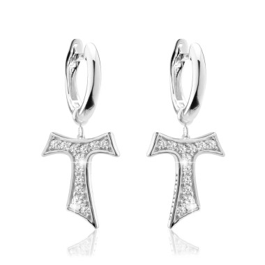 Sterling silver hanging Tau cross earrings with zirconia