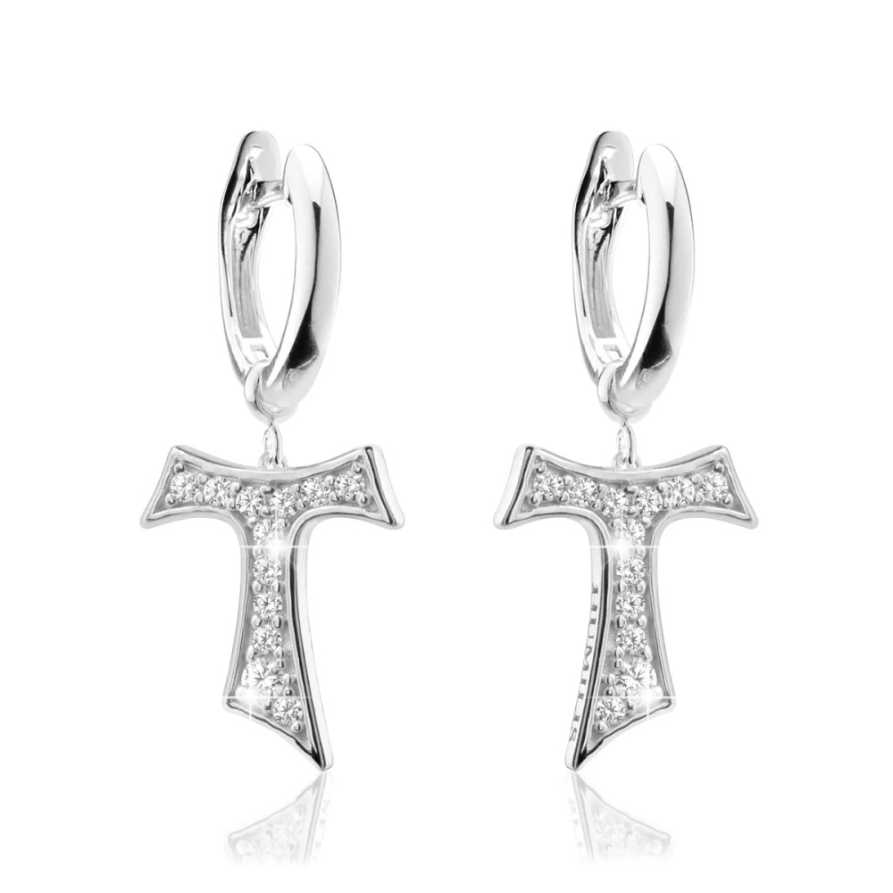 Sterling silver hanging Tau cross earrings with zirconia