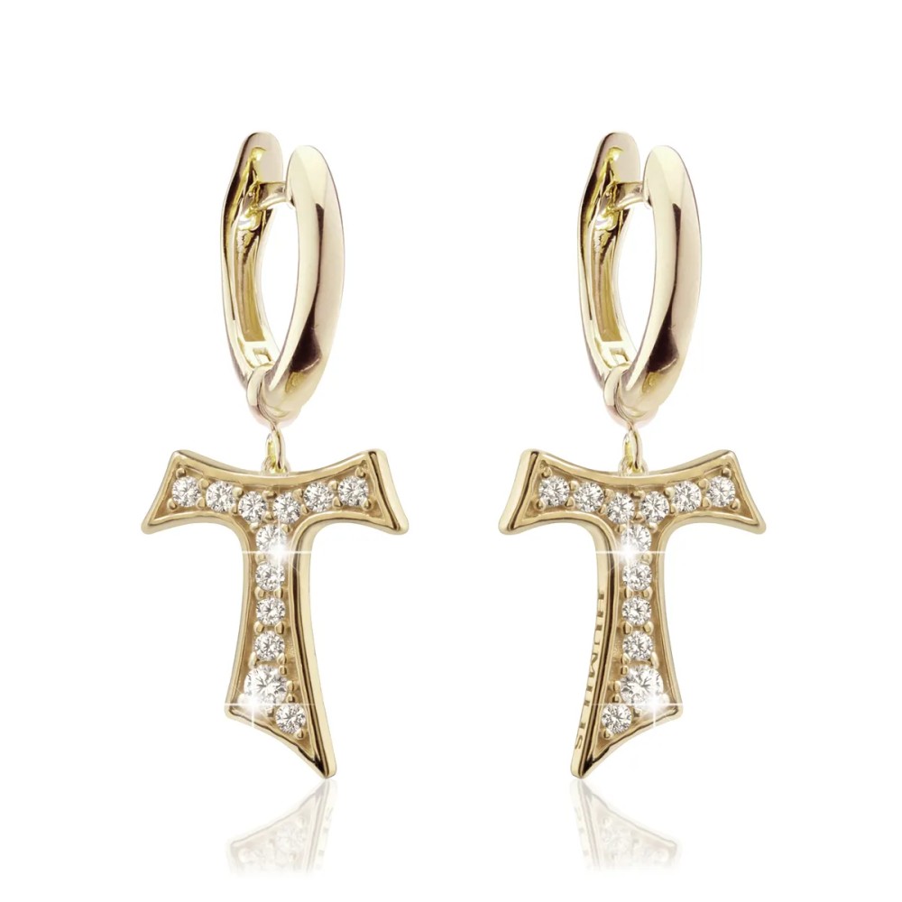 Sterling silver hanging Tau cross earrings with zirconia