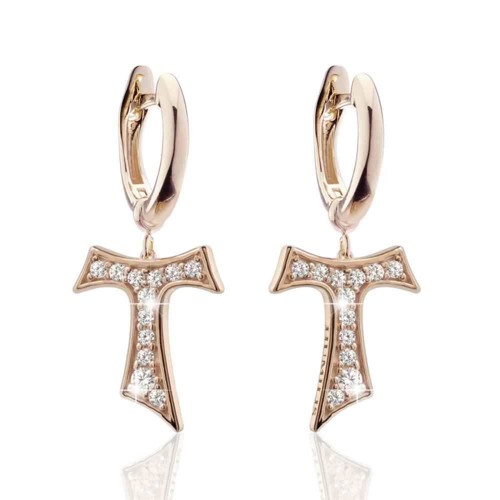 Sterling silver hanging Tau cross earrings with zirconia