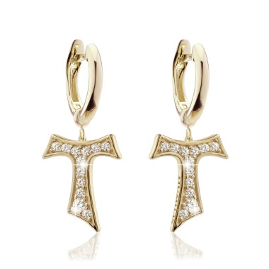 Gold hanging Tau cross earrings with zirconia
