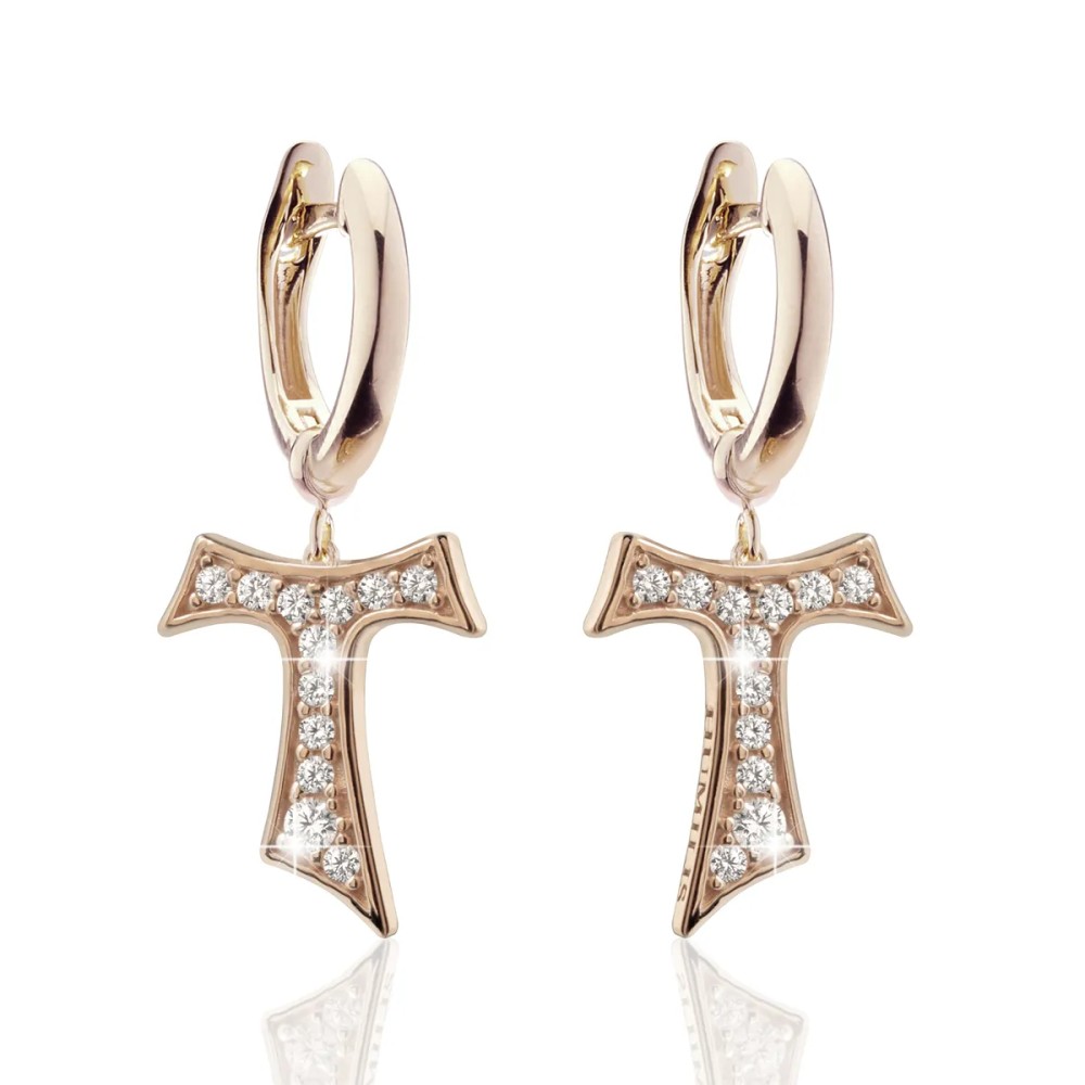 Gold hanging Tau cross earrings with zirconia