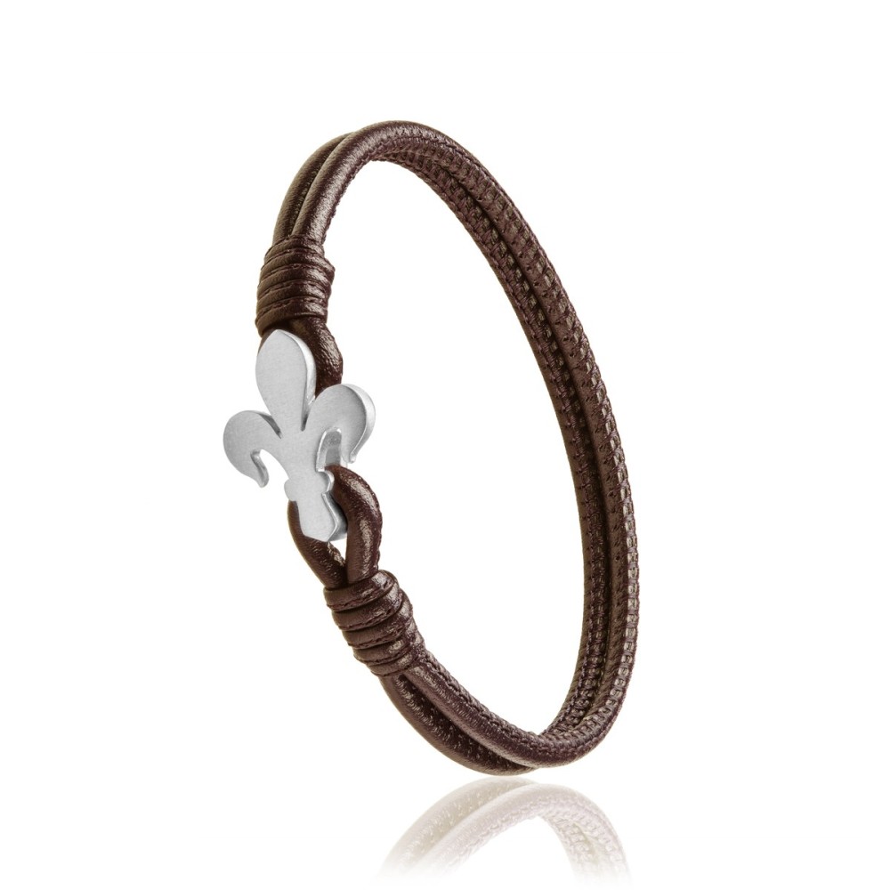 Sterling silver and brown leather Iter Florence bracelet with Florentine lily