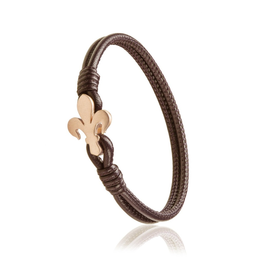 Sterling silver and brown leather Iter Florence bracelet with Florentine lily