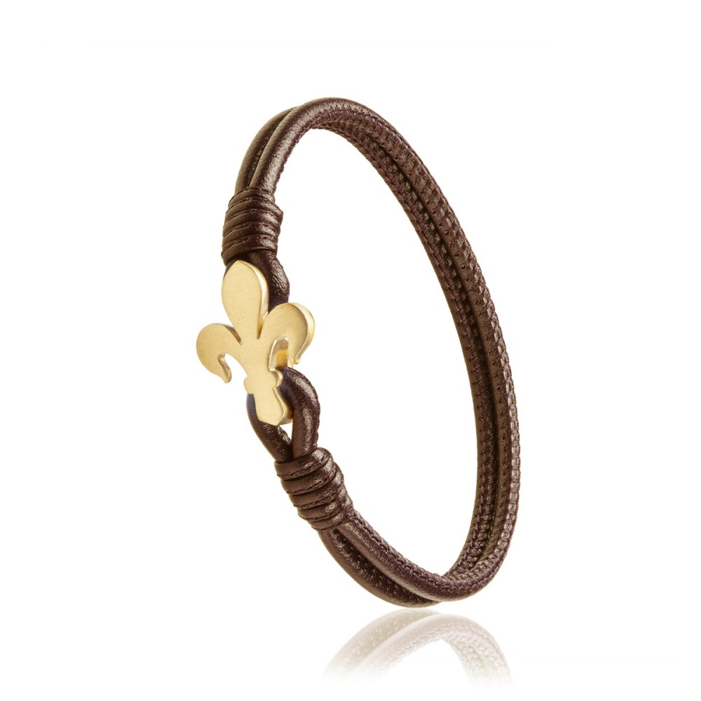Gold and brown leather Iter Florence bracelet with Florentine lily