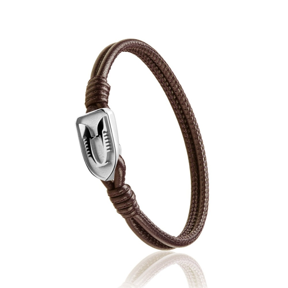 Sterling silver and brown leather Iter Venice bracelet with double gondola bow ornament