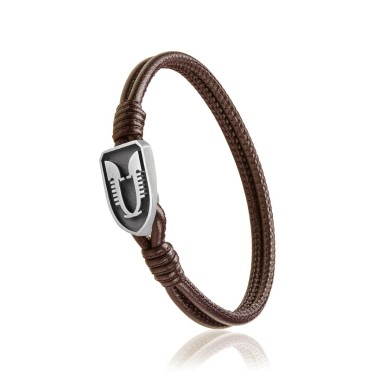 Sterling silver and brown leather Iter Venice bracelet with double gondola bow ornament