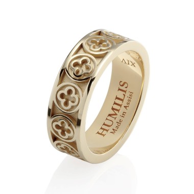 Gold Iter Venice band ring with Palazzo Ducale's quadrilob flower
