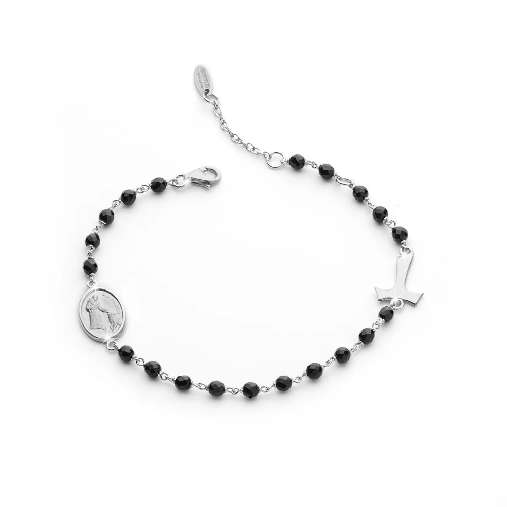 Sterling silver Rosary bracelet with onyx decade Tau cross St. Francis and miracolous Virgin medal