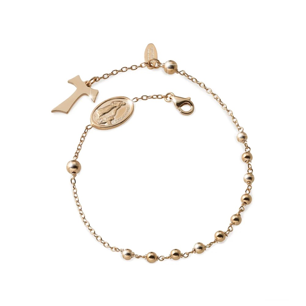 Gold Rosary bracelet with decade hanging Tau cross St. Francis and miracolous Virgin medal