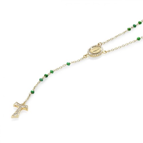 Gold rosary necklace with hanging Franciscan Tau cross, St. Francis and Miracolous Mary with stones and beads