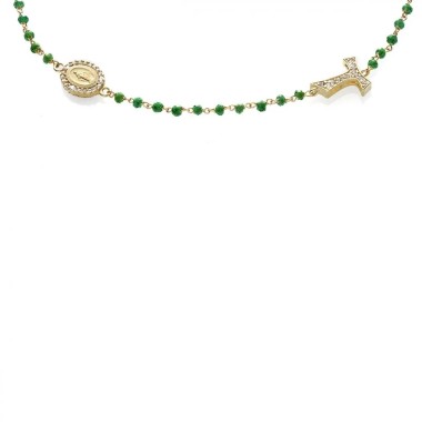 Gold round rosary necklace with Franciscan Tau cross, St. Francis and Miracolous Mary with stones and beads