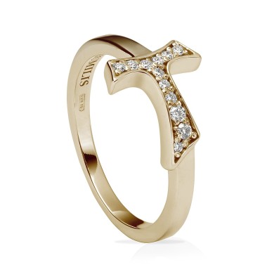 Gold ring Franciscan Sign Tau cross with zirconia