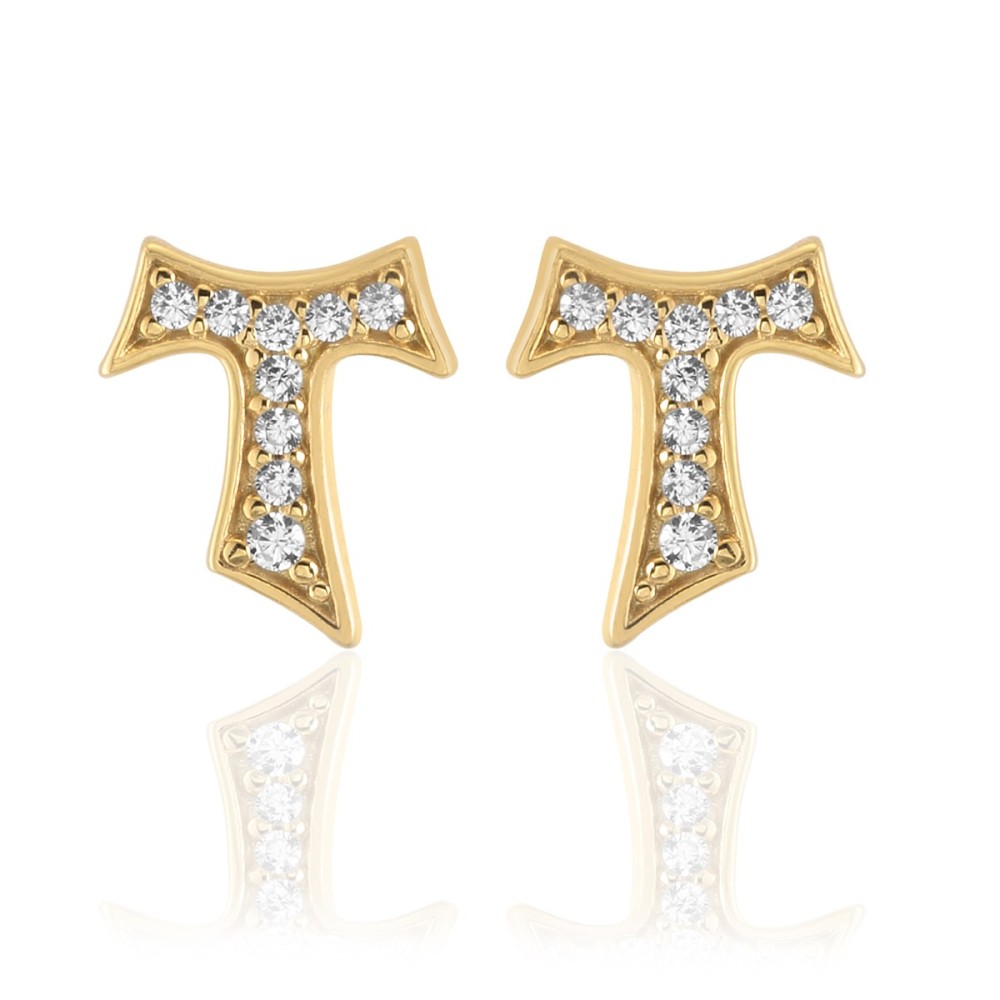Gold Tau cross earrings with zirconia