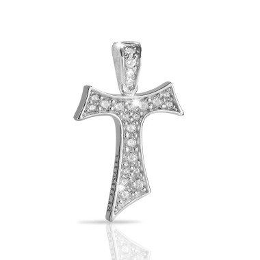 Croce Segno Tau francescano in argento e zirconi