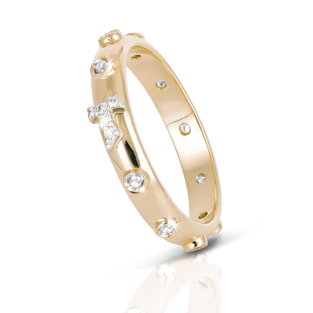 Gold rosary ring with Franciscan Tau cross and decade with zirconia
