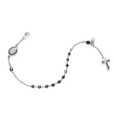 Sterling silver Rosary bracelet with onyx decade hanging Tau cross St. Francis and miracolous Virgin medal