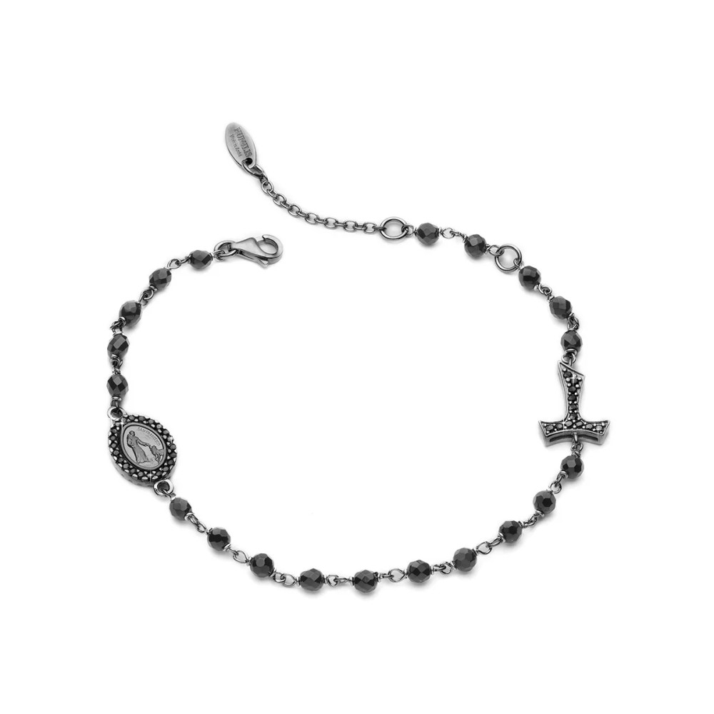 Sterling silver Rosary bracelet with onyx decade Tau cross St. Francis and miracolous Virgin medal