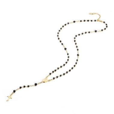 Gold rosary necklace with hanging Tau cross, onyx beads and miracolous medal