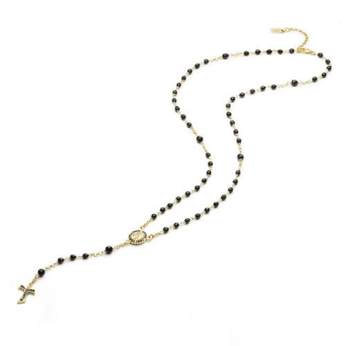 Gold rosary necklace with hanging Tau cross, zirconia, onyx beads and miracolous medal