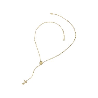 Gold rosary necklace with hanging Tau cross, diamonds, beads and miracolous medal