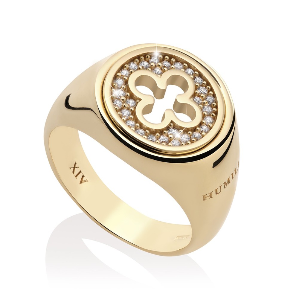 Gold Iter Venice little chevalier ring with Palazzo Ducale's quadrilob flower and diamonds