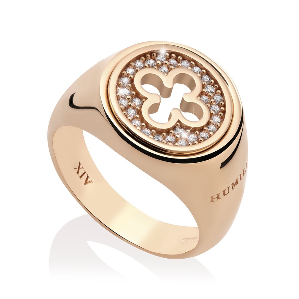 Gold Iter Venice little chevalier ring with Palazzo Ducale's quadrilob flower and zirconia