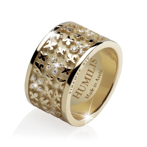 Gold Iter Florence random band ring with Florentine lily and diamonds