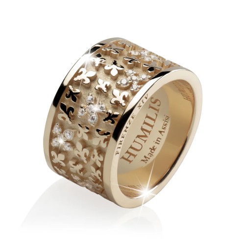 Gold Iter Florence random band ring with Florentine lily and diamonds