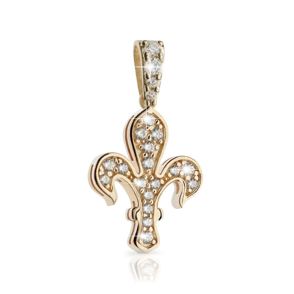 Gold florentine lily pendant with high and low relief and zirconia