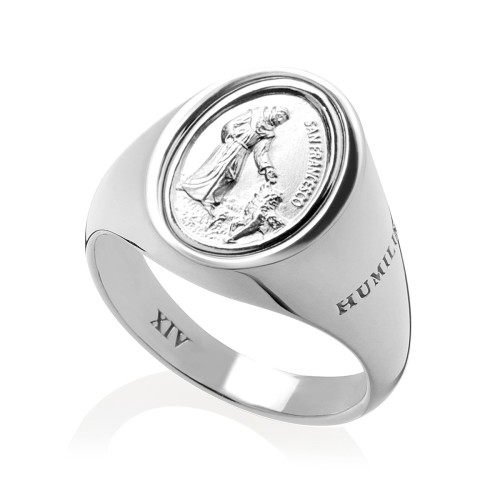 Sterling silver chevalier ring St. Francis and the wolf
