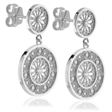 Sterling silver St. Francis rosewindow Canticum collection stud earrings with pendant and zirconia