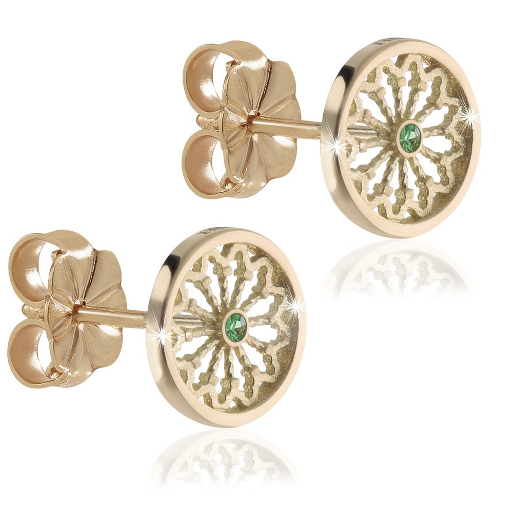 Gold St. Francis rosewindow Canticum collection stud earrings with stones