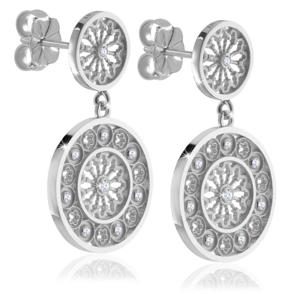 Gold St. Francis rosewindow Canticum collection stud earrings with pendant and stones