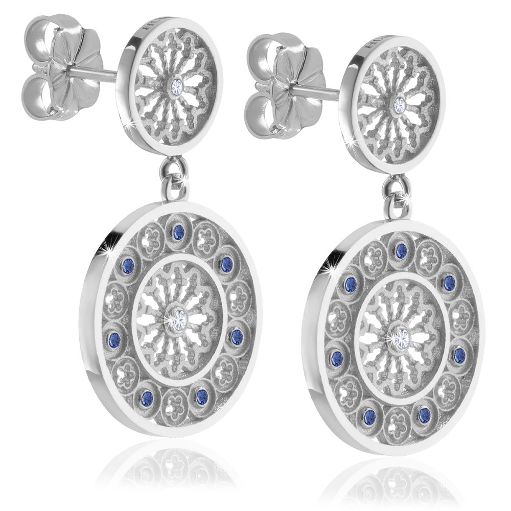 Gold St. Francis rosewindow Canticum collection stud earrings with pendant and stones