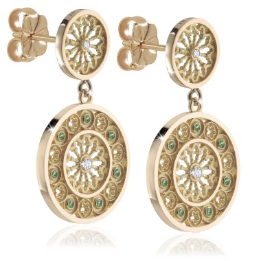 Gold St. Francis rosewindow Canticum collection stud earrings with pendant and stones