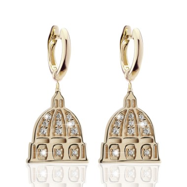Gold Iter Rome collection earrings with St. Peter's dome with diamonds