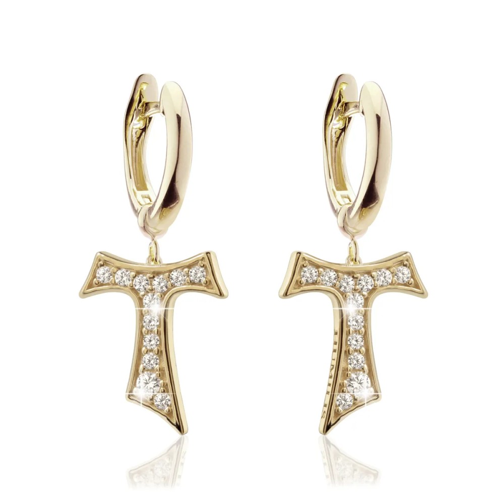 Gold hanging Tau cross earrings with diamonds