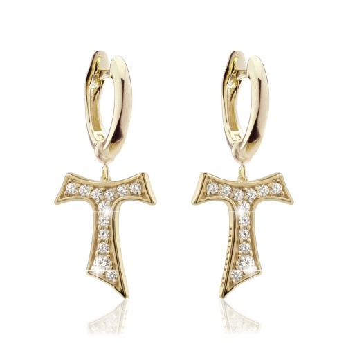 Gold hanging Tau cross earrings with diamonds