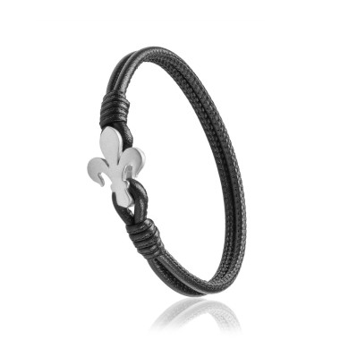 Sterling silver and black leather Iter Florence bracelet with Florentine lily