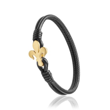 Sterling silver and black leather Iter Florence bracelet with Florentine lily