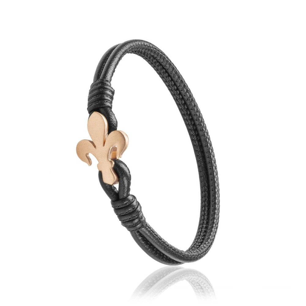 Sterling silver and black leather Iter Florence bracelet with Florentine lily